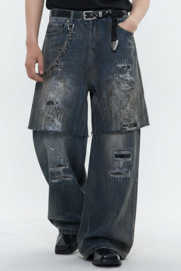 Distressed Layered Jeans  na2595