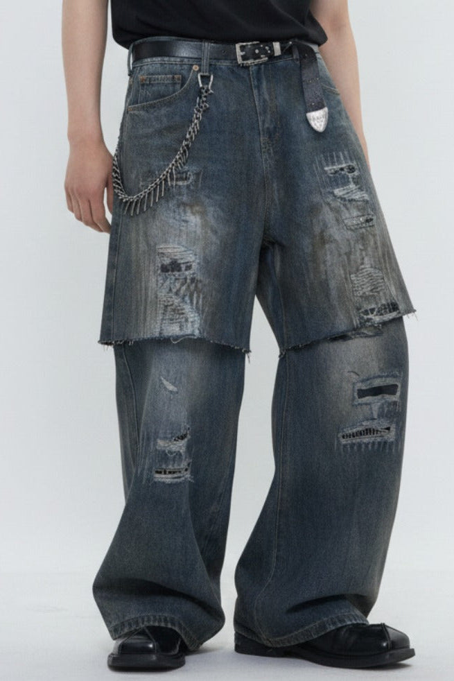 Distressed Layered Jeans  na2595