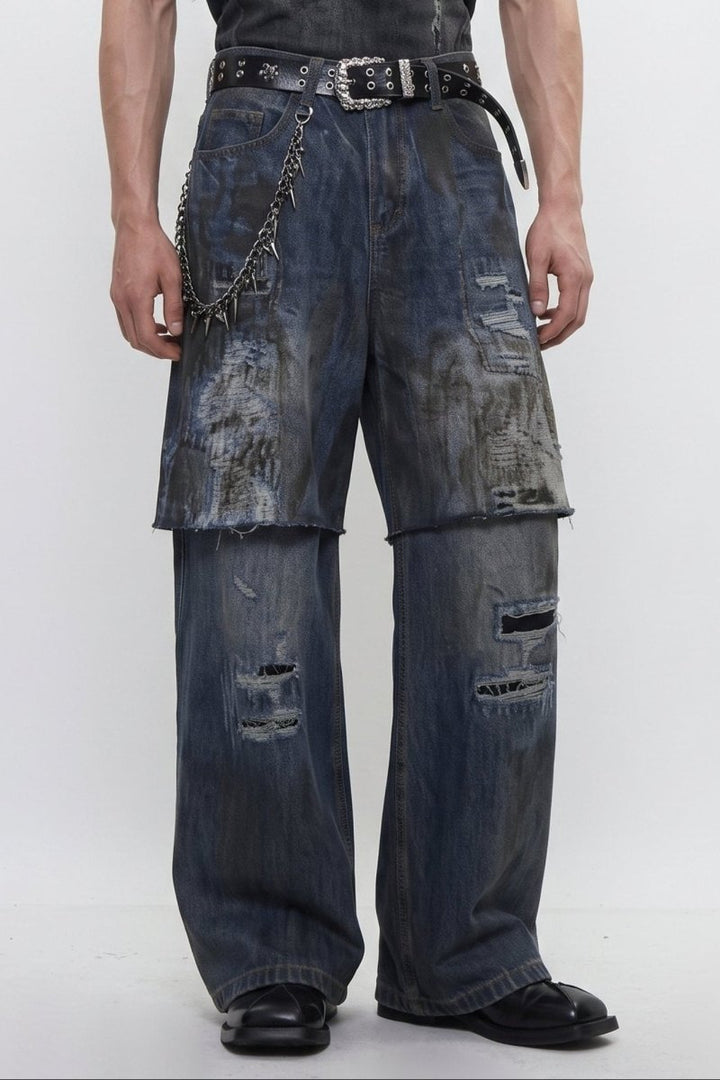 Distressed Layered Jeans na2595