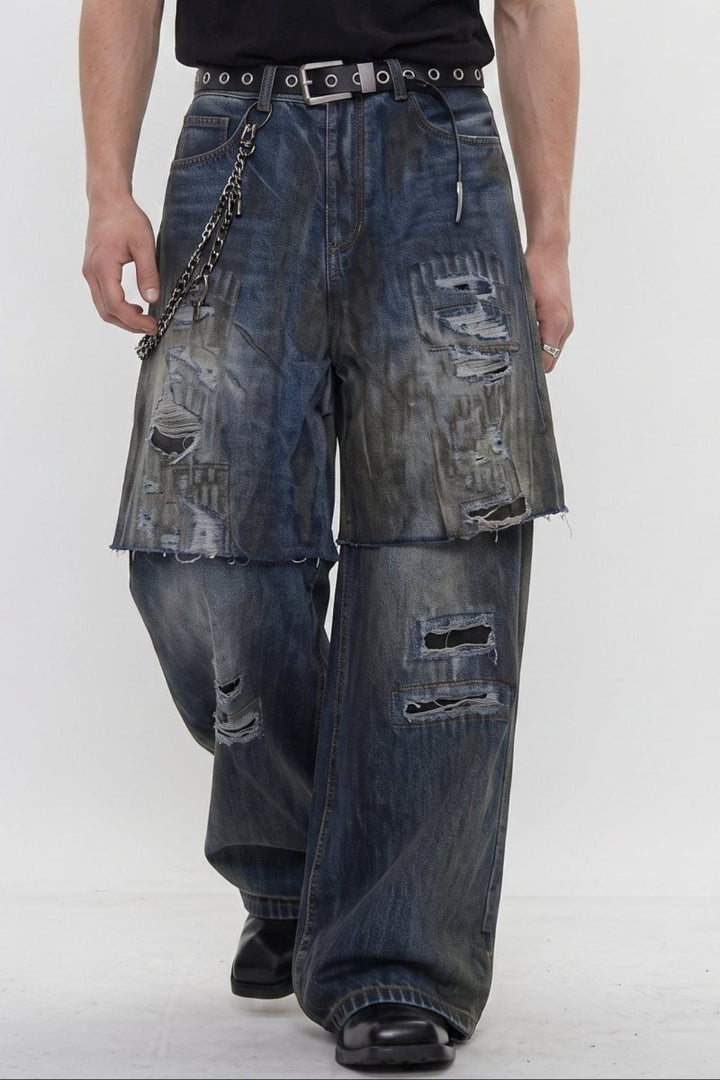 Distressed Layered Jeans na2595