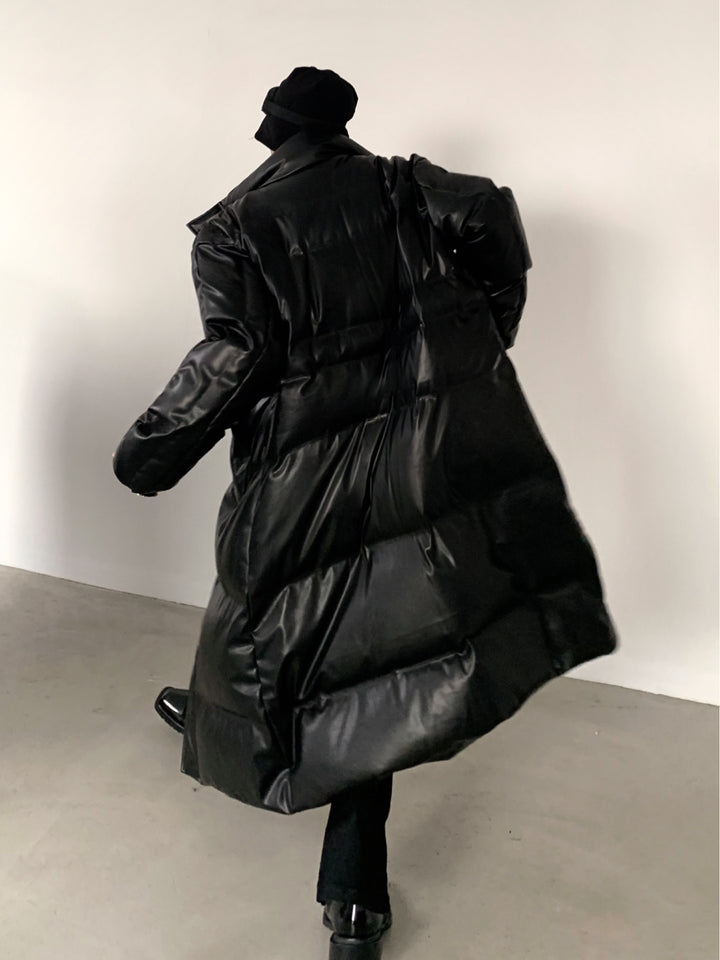 [AutumnWind] pu leather black medium-length knee-length 다운 jacket na810 