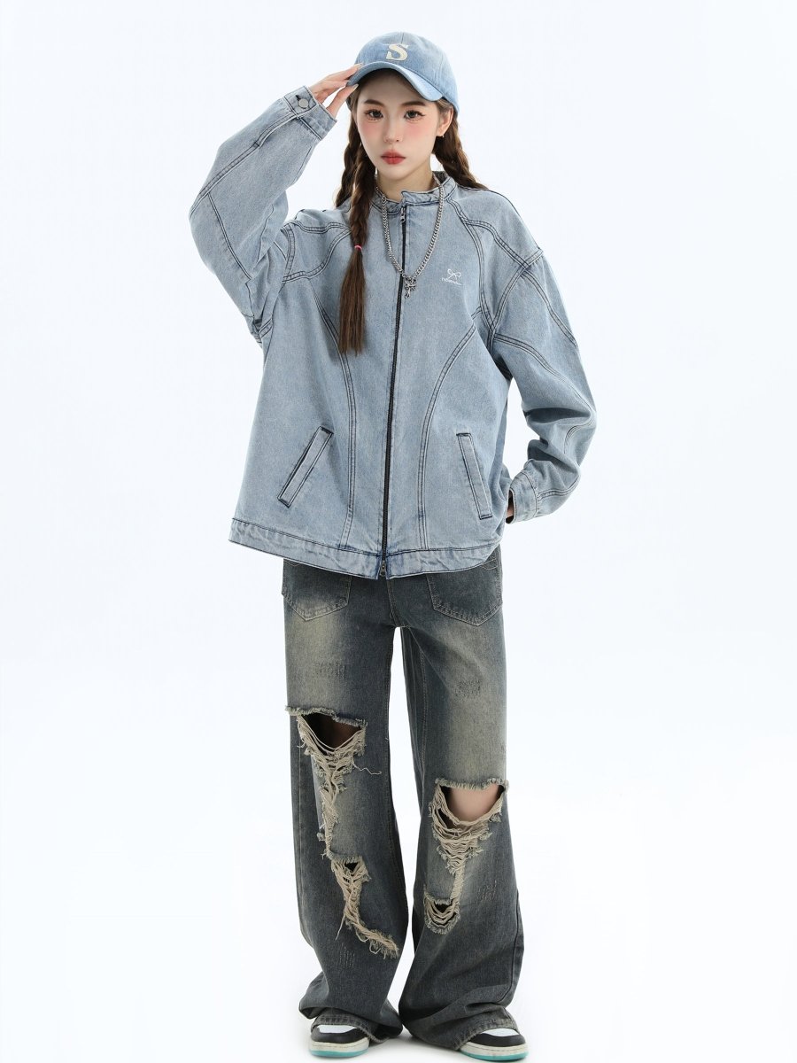 【INSstudios】Washed Denim Jacket Zipper na1633