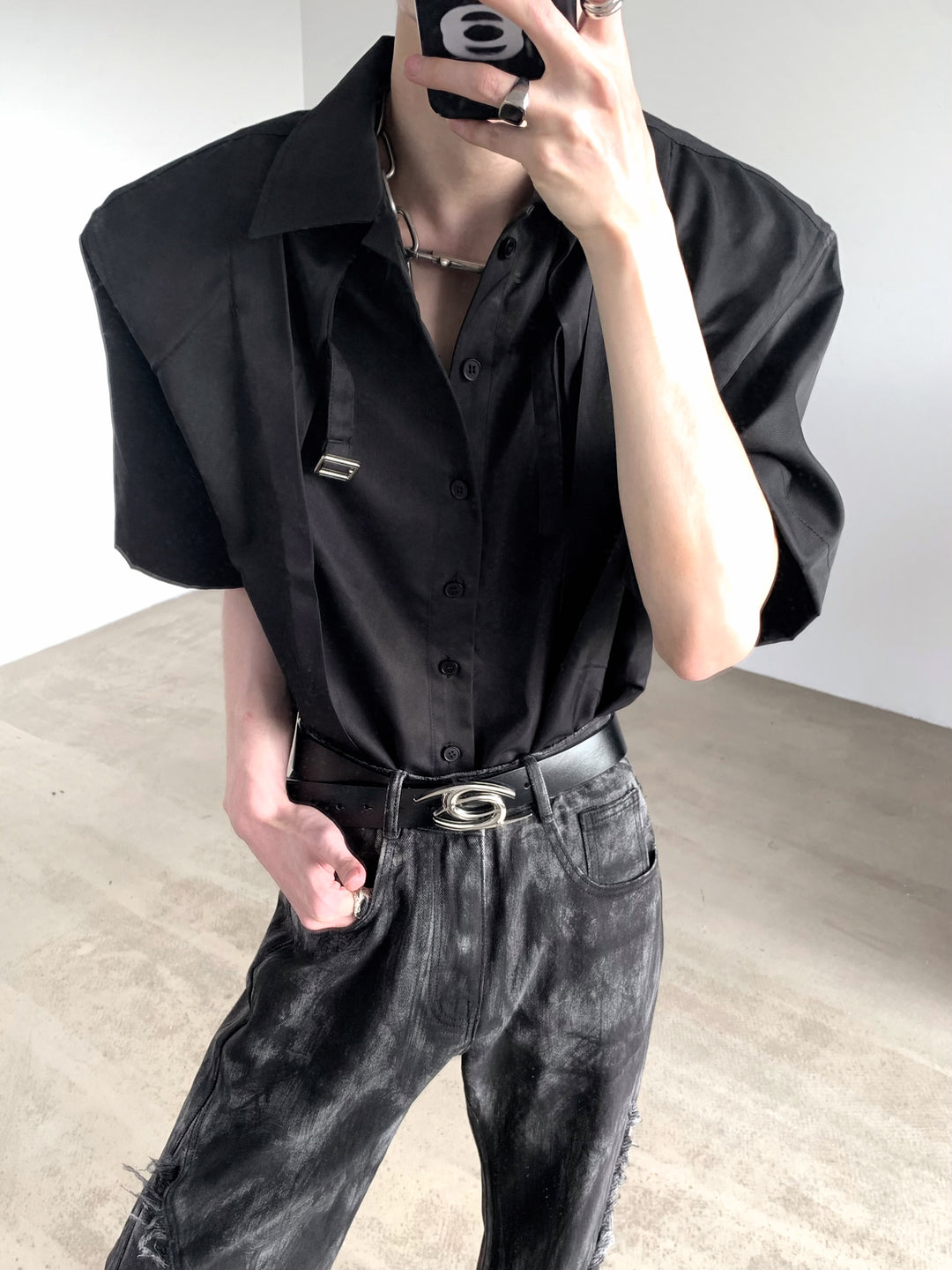 [AutumnWind] design short-sleeved black shirt na1235