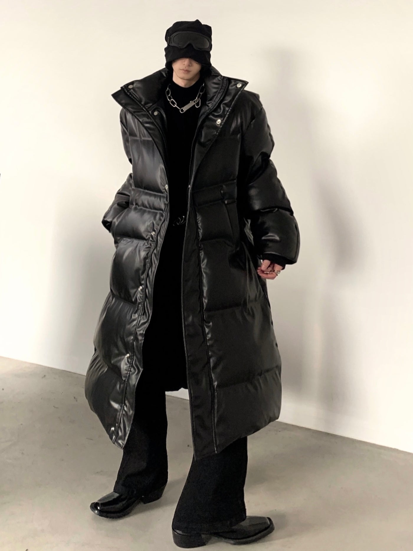 [AutumnWind] pu leather black medium-length knee-length down jacket na810 