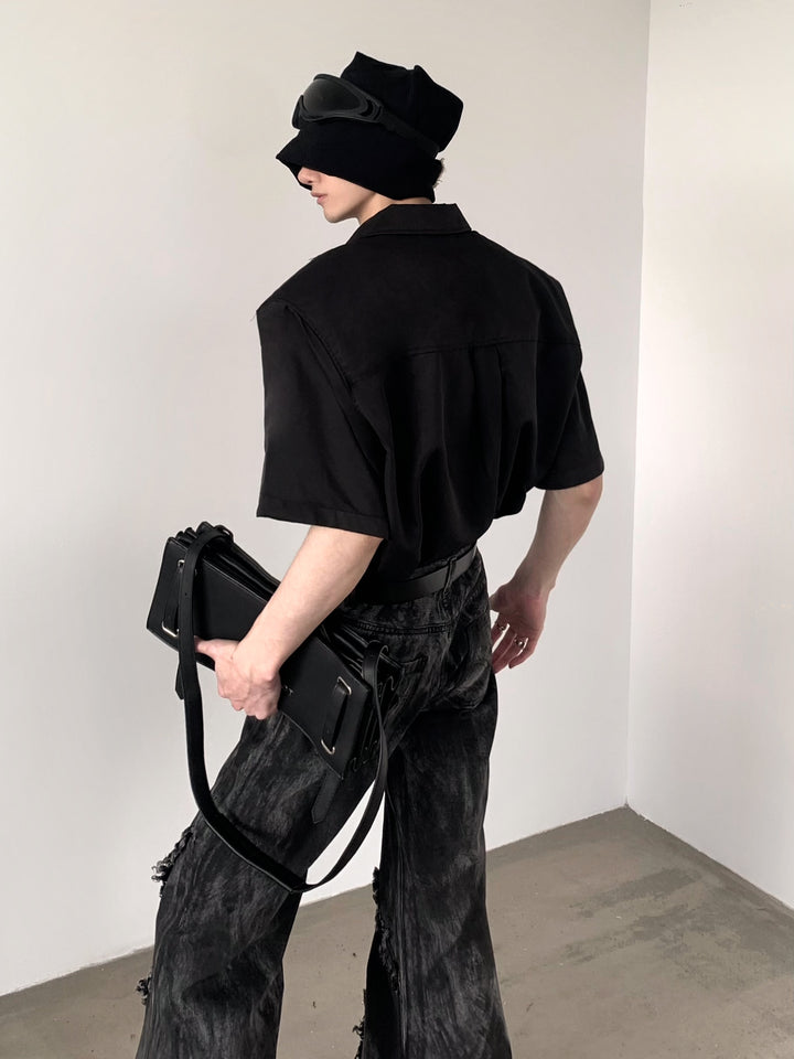 【AutumnWind】design short-sleeved black shirt na1235