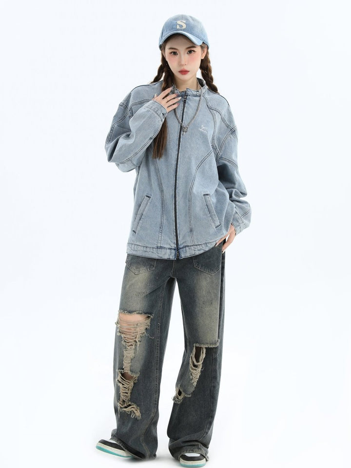 [INSstudios] Washed Denim Jacket Zipper na1633