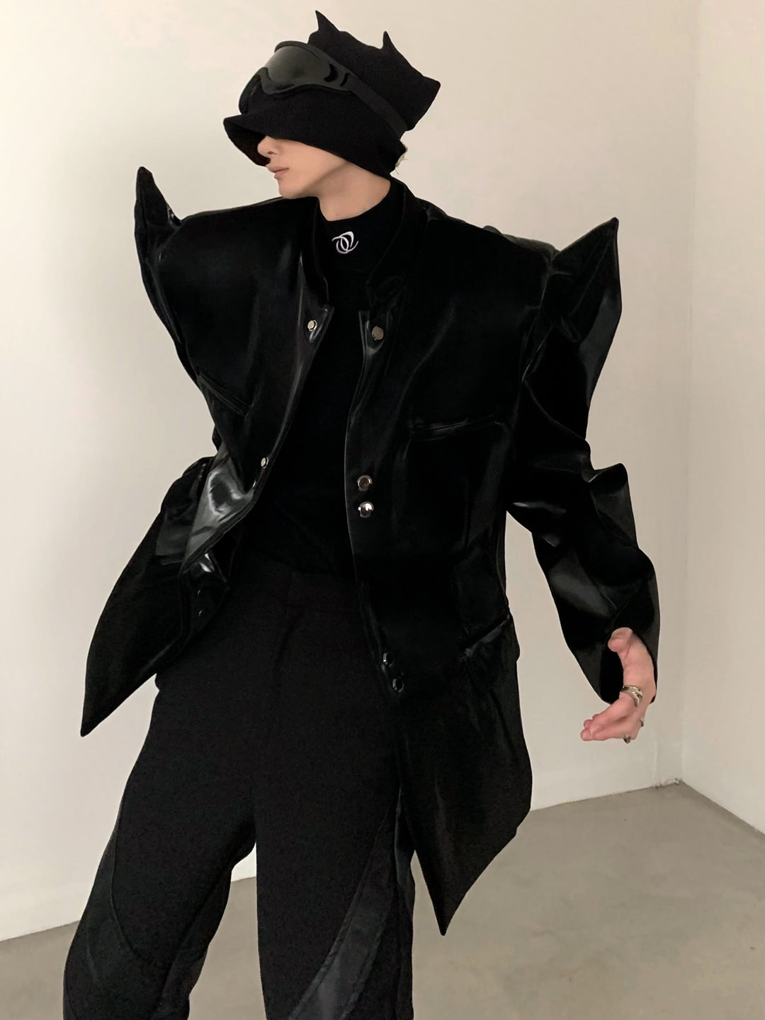 [AutumnWind] black shoulder pads leather jacket na965