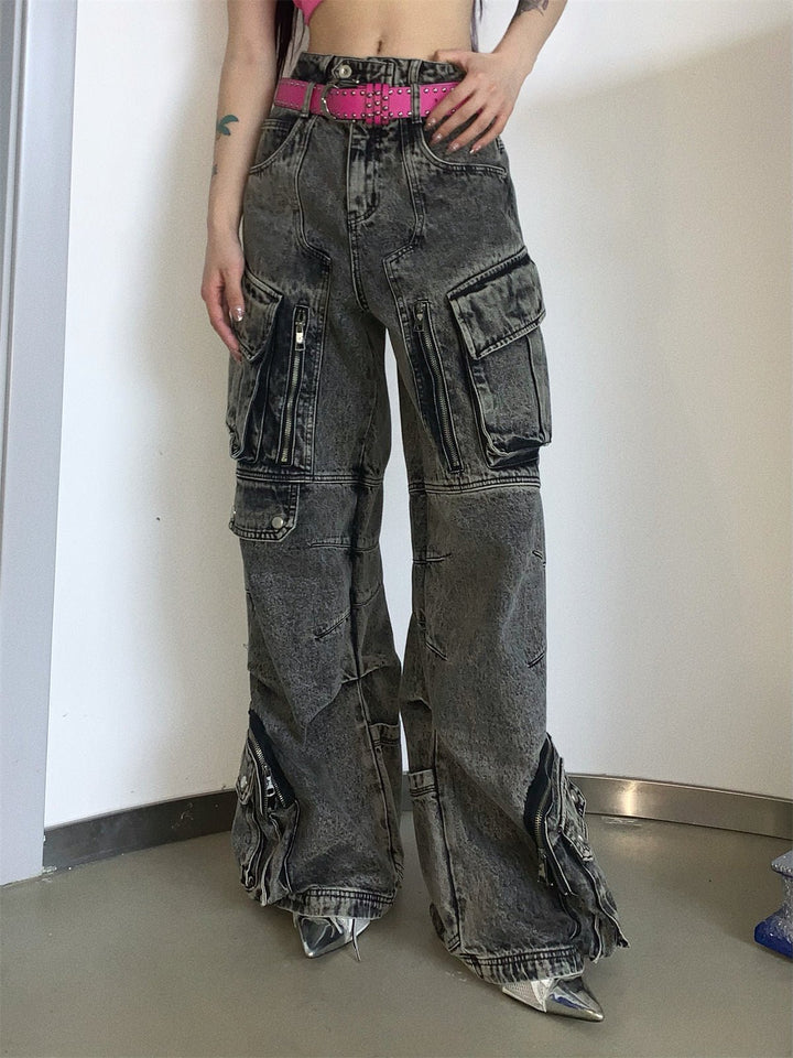 [PEOPLESTYLE] Multi-pocket wide leg casual jeans NA1096