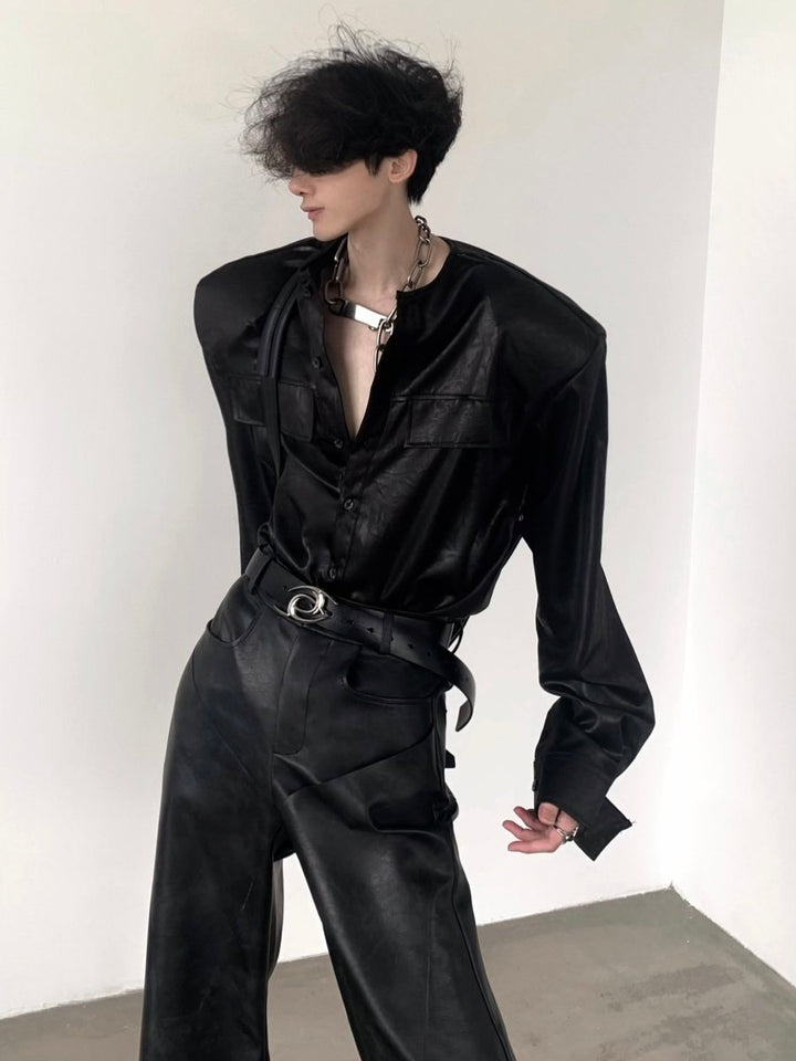 【AutumnWind】black leather shirt na1436