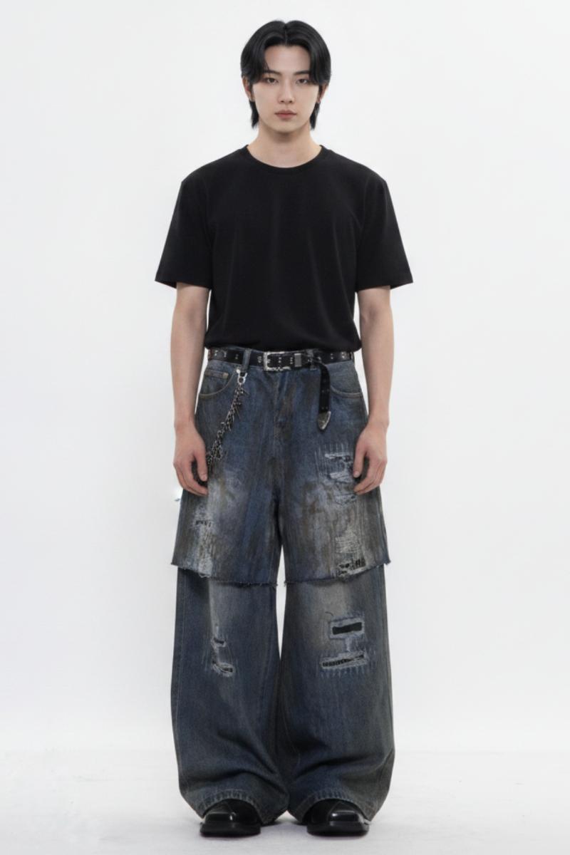 Distressed Layered Jeans  na2595