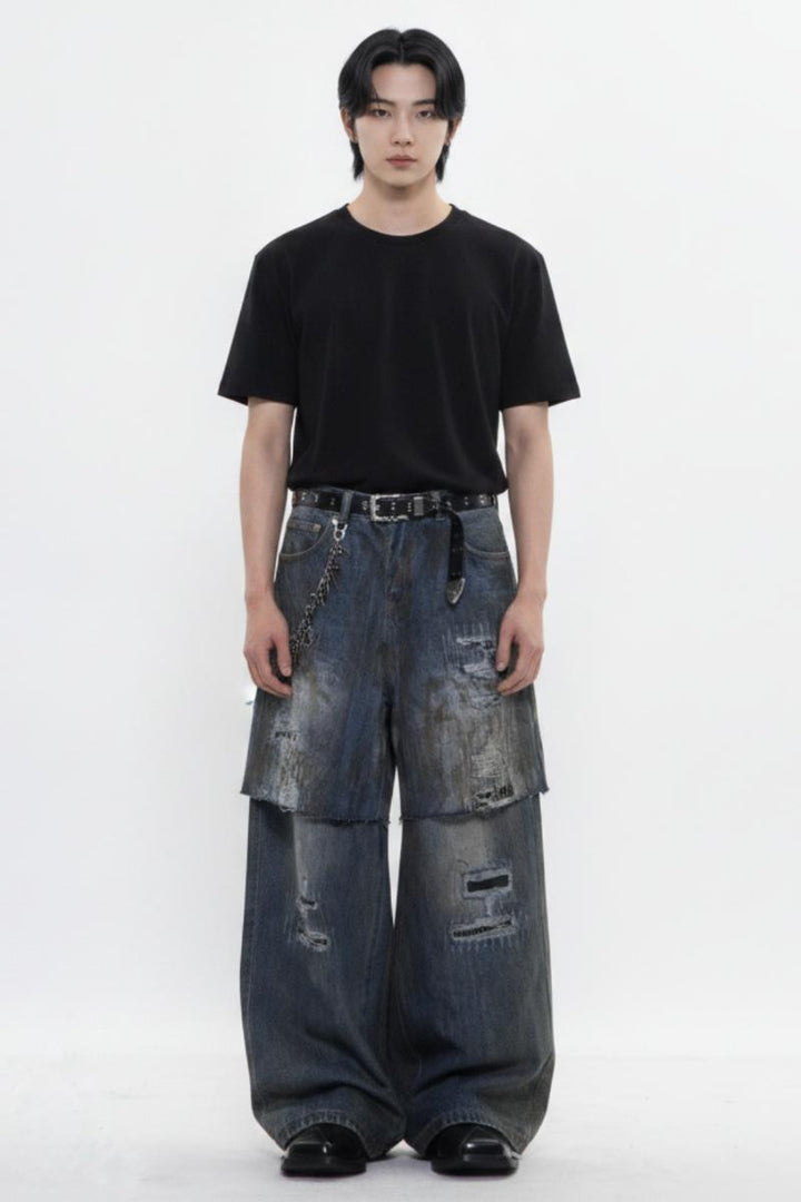 Distressed Layered Jeans  na2595