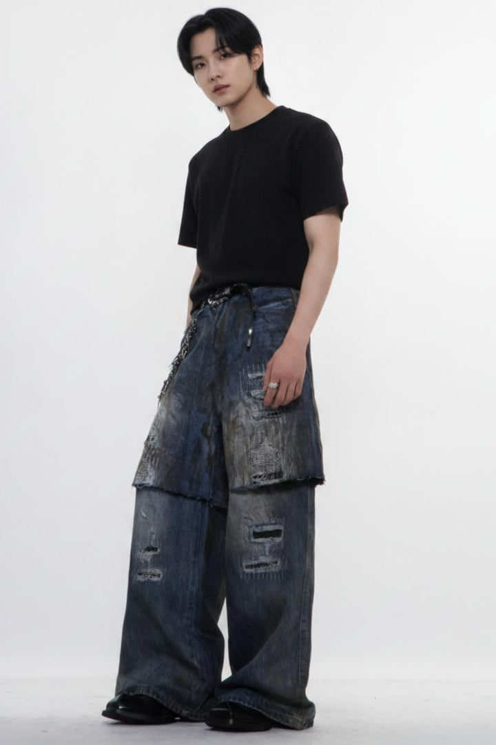 Distressed Layered Jeans  na2595