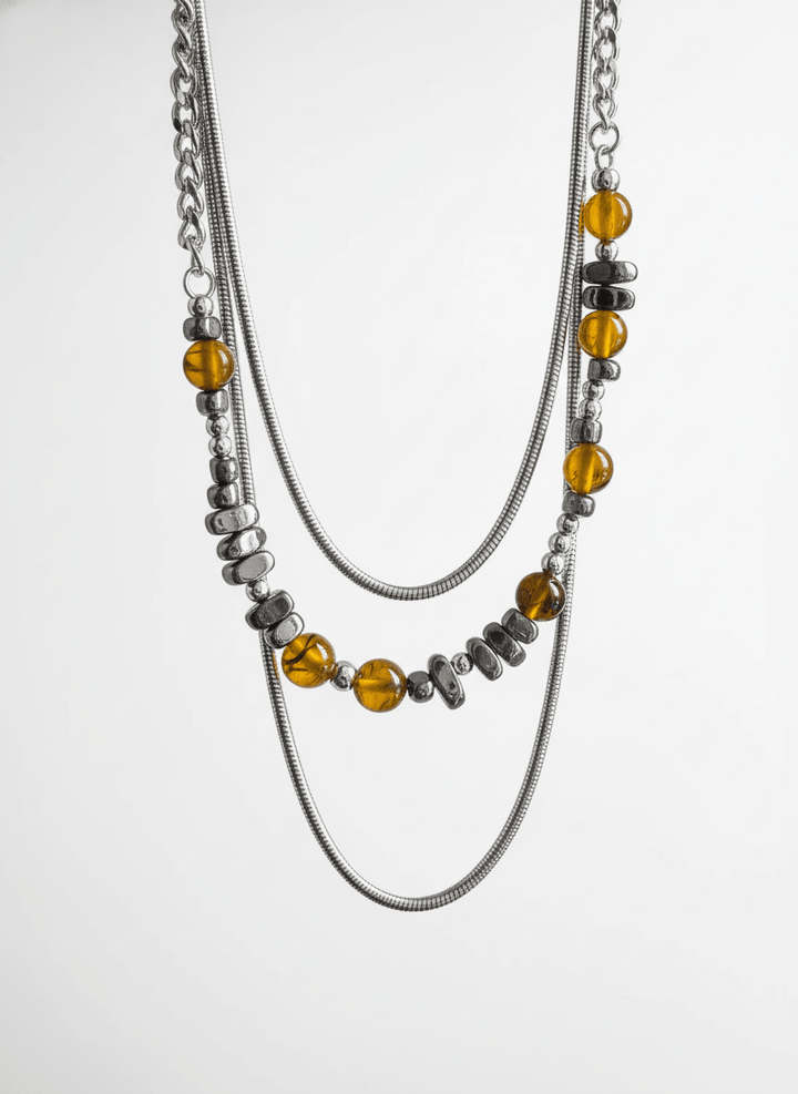 [CHEALIMPID] Earth Color Irregular Stone Titanium Chain Necklace na873