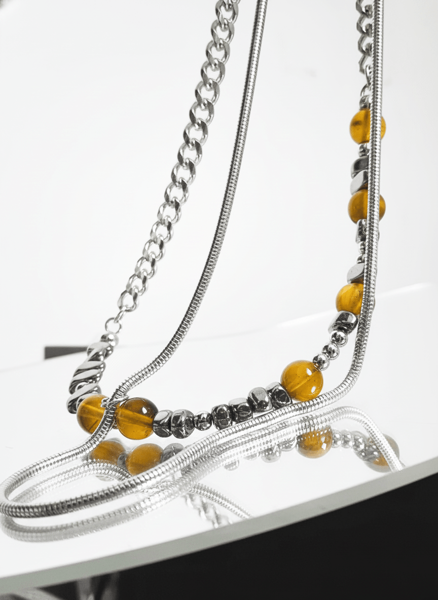 [CHEALIMPID] Earth Color Irregular Stone Titanium Chain Necklace na873