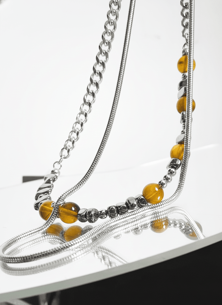 [CHEALIMPID] Earth Color Irregular Stone Titanium Chain Necklace na873