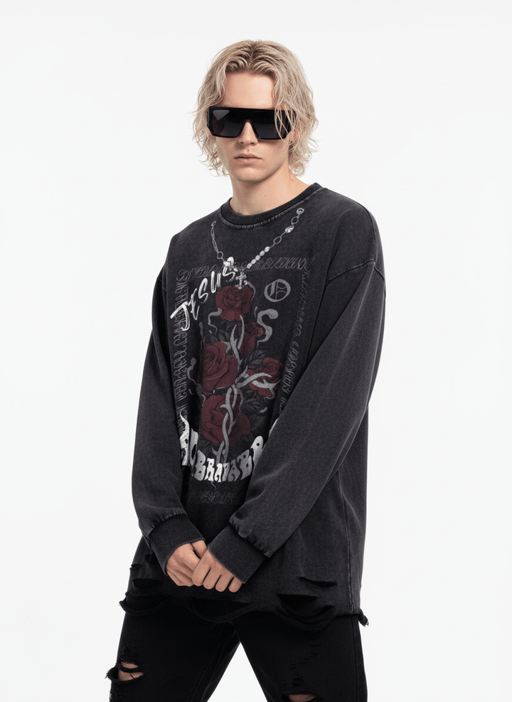 washed and distressed long-sleeved T-shirt na656