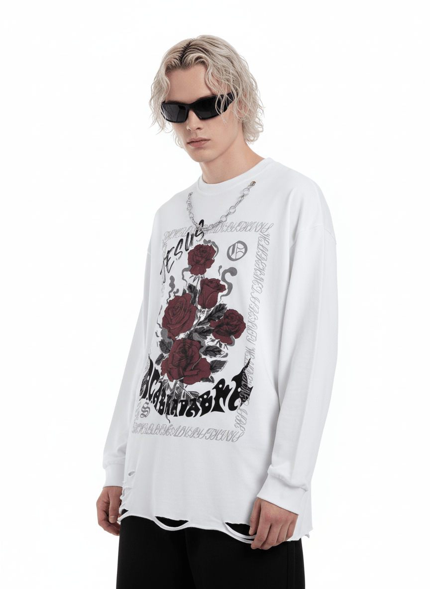 washed and distressed long-sleeved T-shirt na656