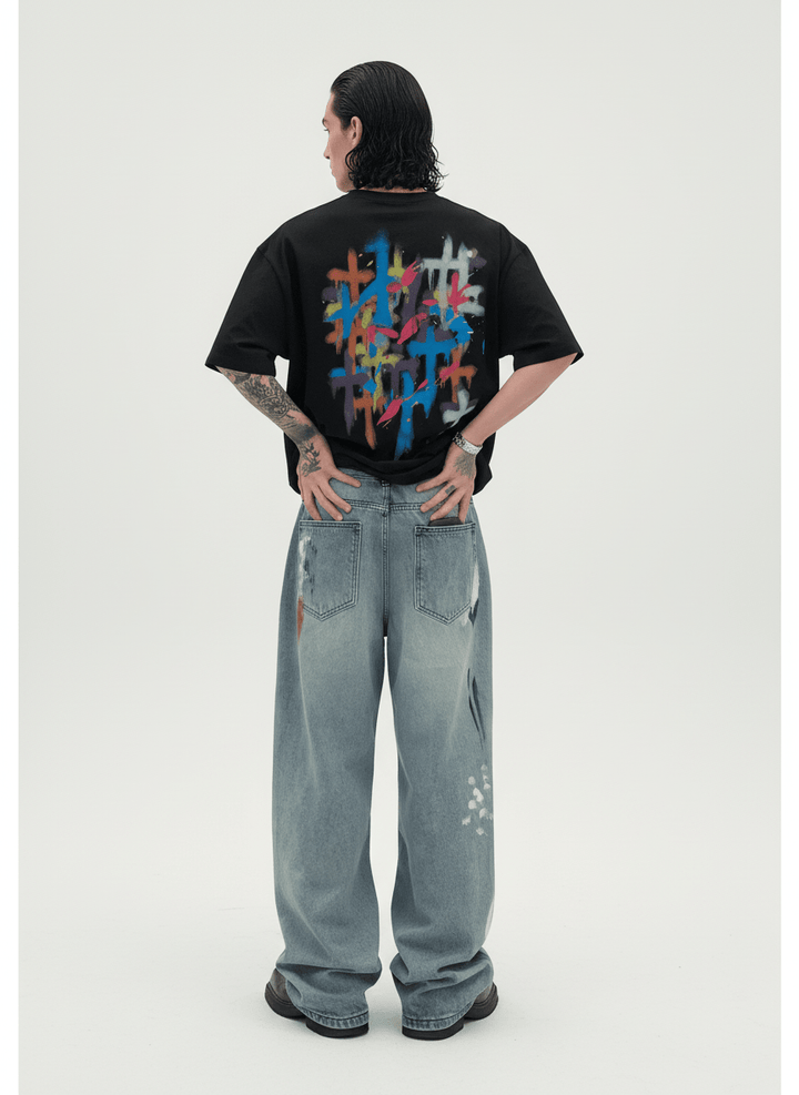 [CUIBUJU] street graffiti contrast color straight jeans na759