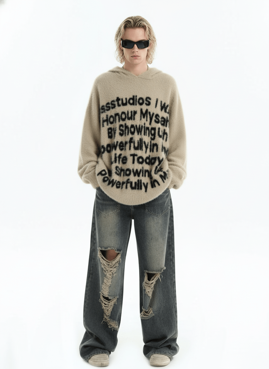 [INSstudios]letter LOGO mohair hooded na1629