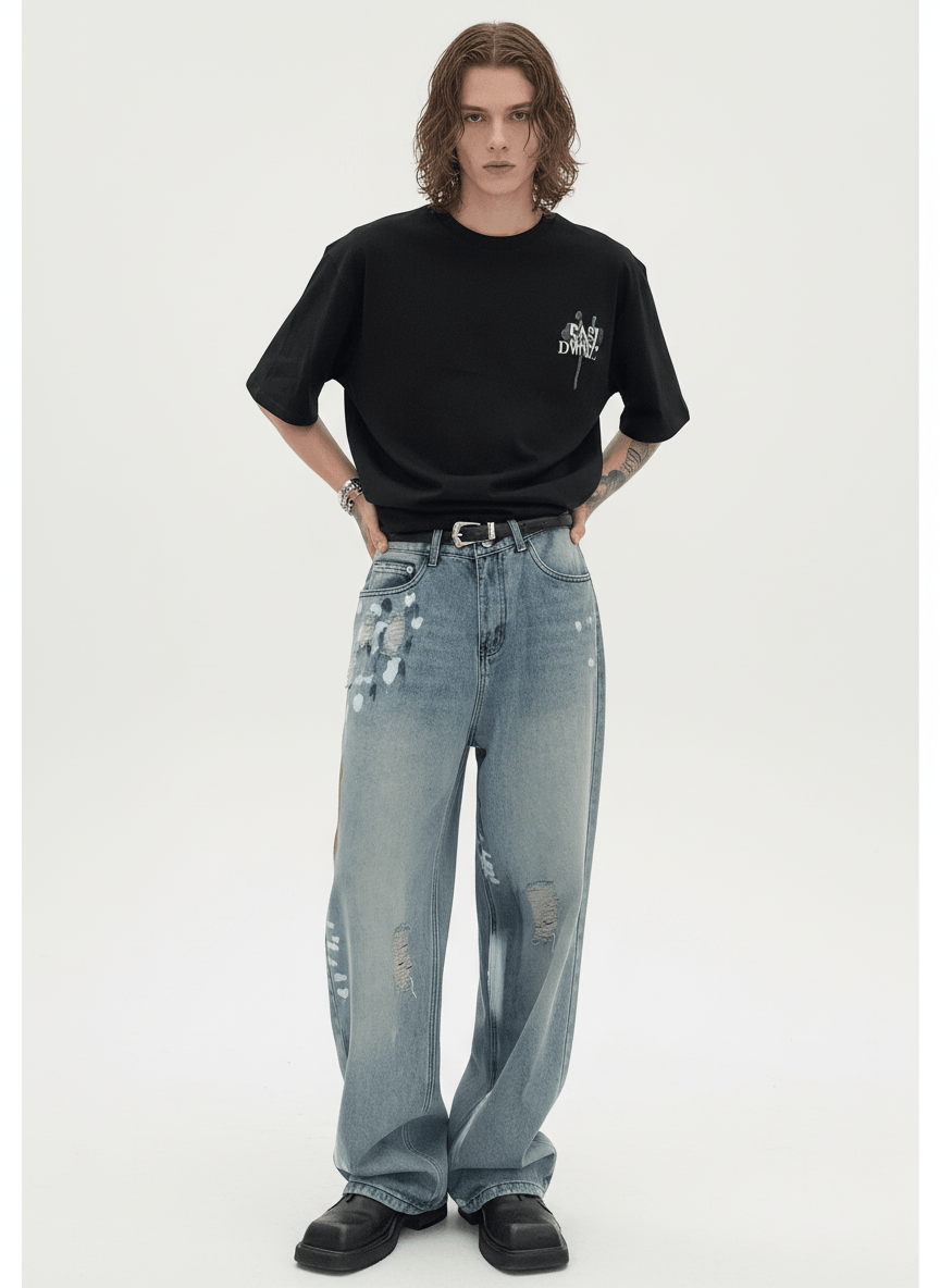 [CUIBUJU] street graffiti contrast color straight jeans na759