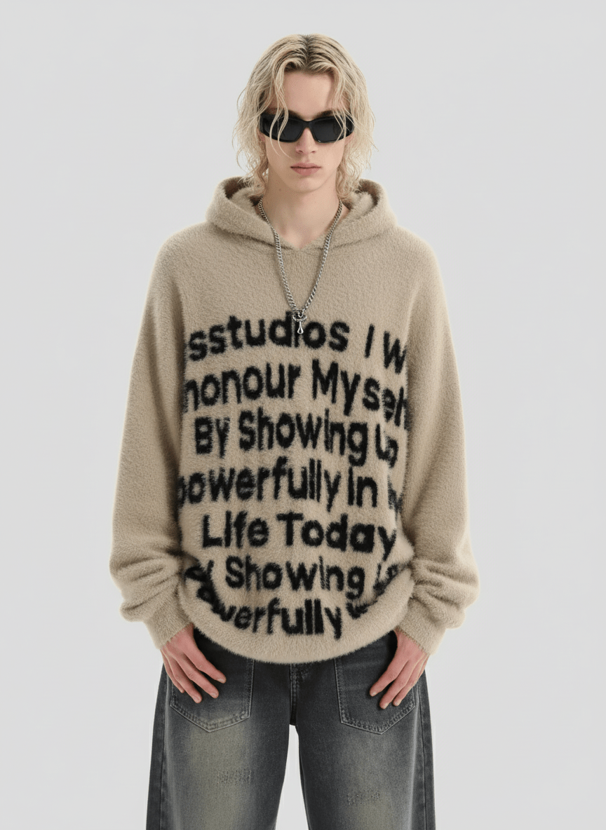 [INSstudios]letter LOGO mohair hooded na1629