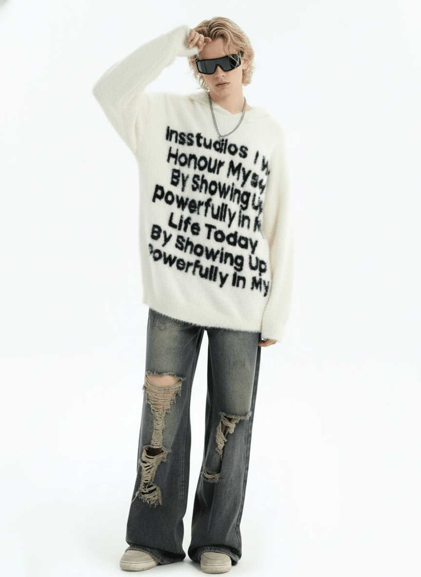 [INSstudios]letter LOGO mohair hooded na1629