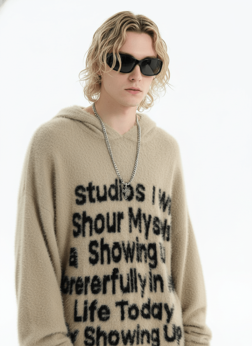 [INSstudios]letter LOGO mohair hooded na1629