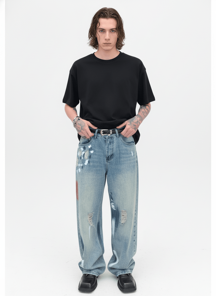 [CUIBUJU] street graffiti contrast color straight jeans na759