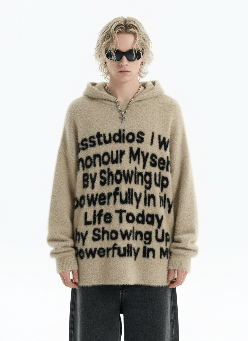 [INSstudios]letter LOGO mohair hooded na1629