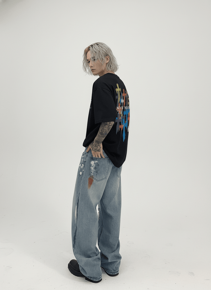 [CUIBUJU] street graffiti contrast color straight jeans na759