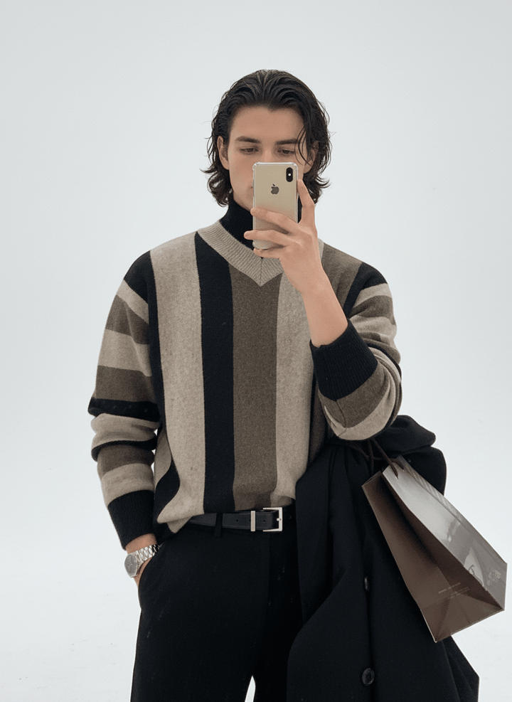 [MRCYC] V 넥 콘트라스트 오버 스웨터 na629 