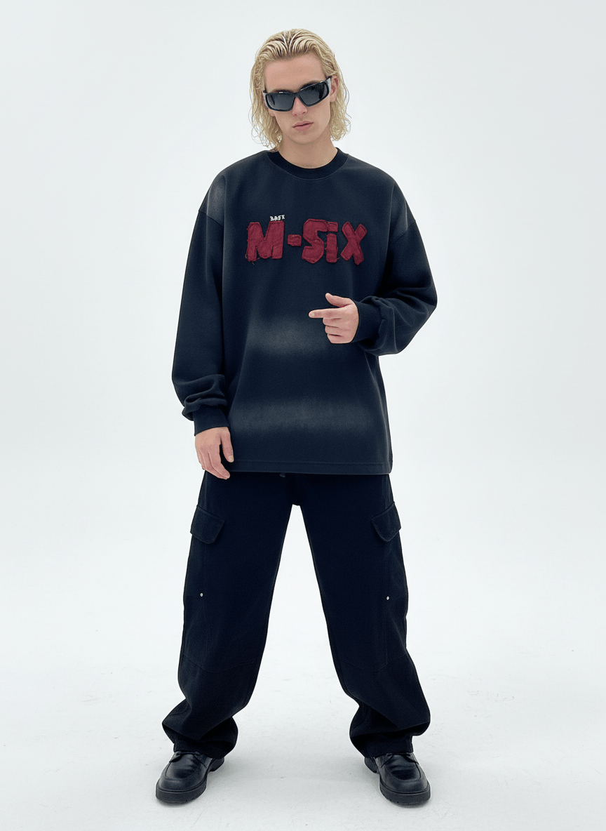 【Nanostudio】M-SIX 프린지 로고 크루넥 스웨트셔츠 na2205