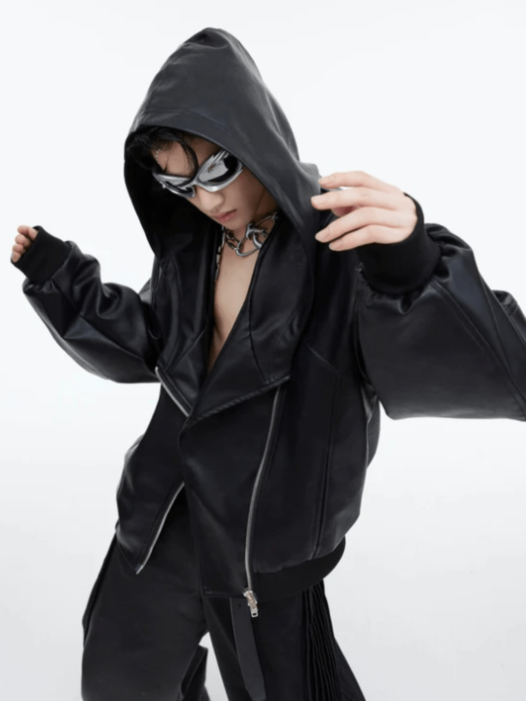 [CulturE] deconstructed zipper hooded PU leather jacket na672