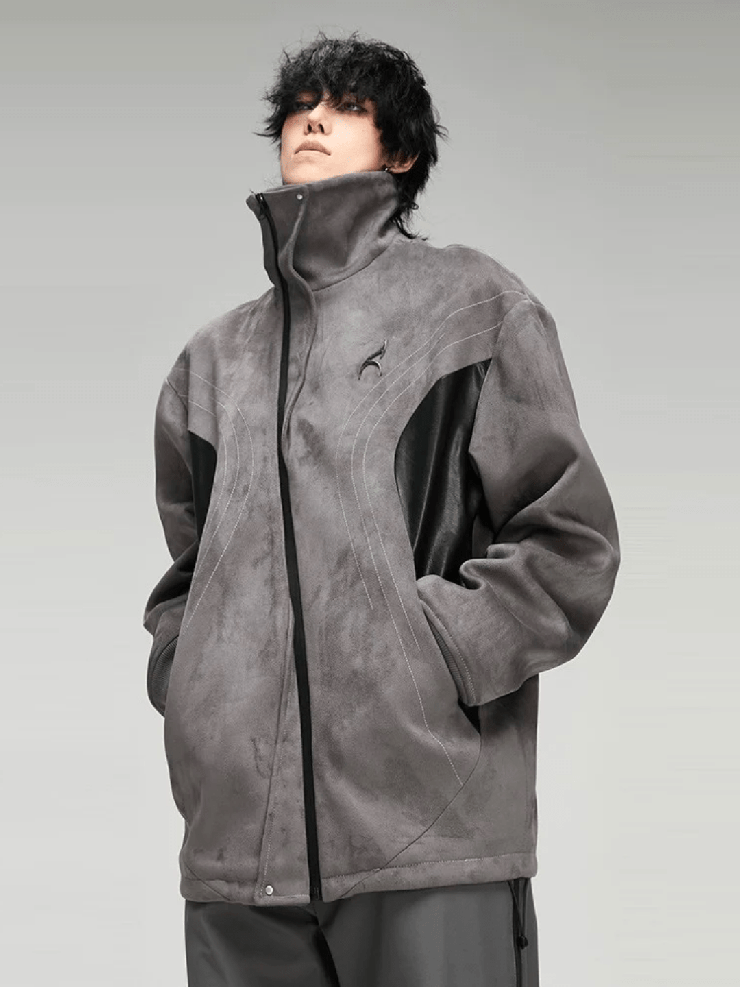 Original design curved contrast topstitch suede jacket na650