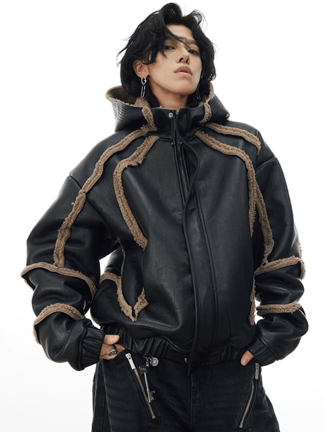 [CROWORLD] Black silhouette hooded short leather jacket na697