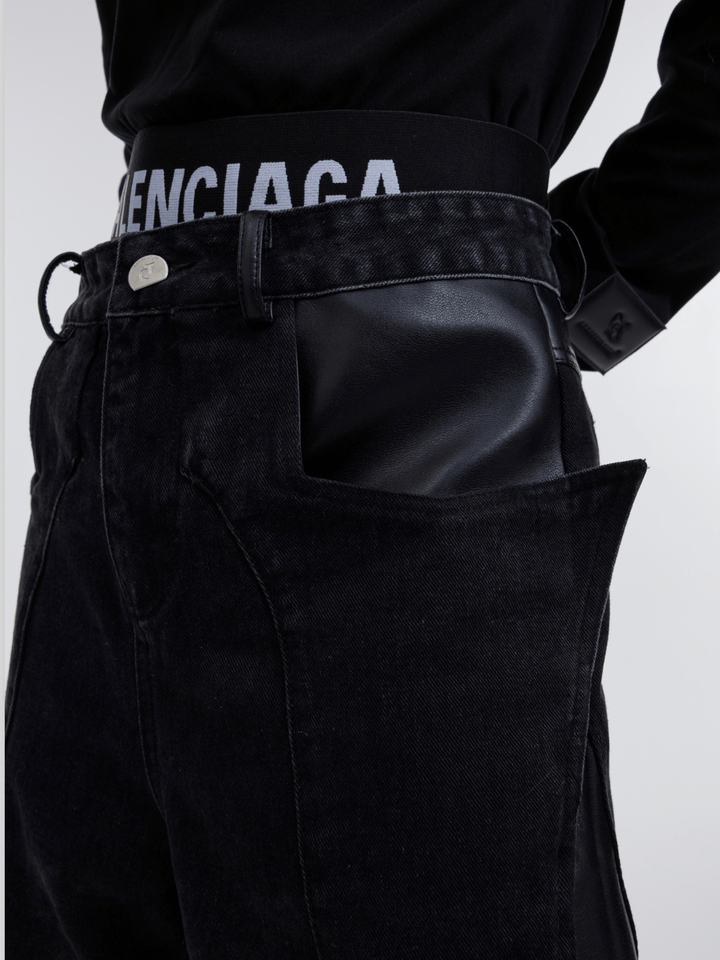 [CulturE] PU leather design color-blocked jeans na840