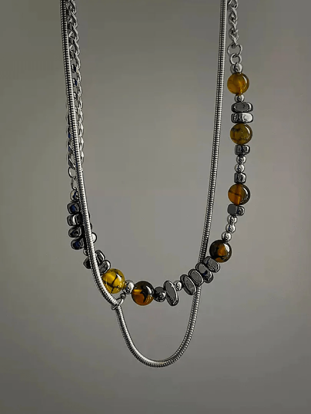 [CHEALIMPID] Earth Color Irregular Stone Titanium Chain Necklace na873
