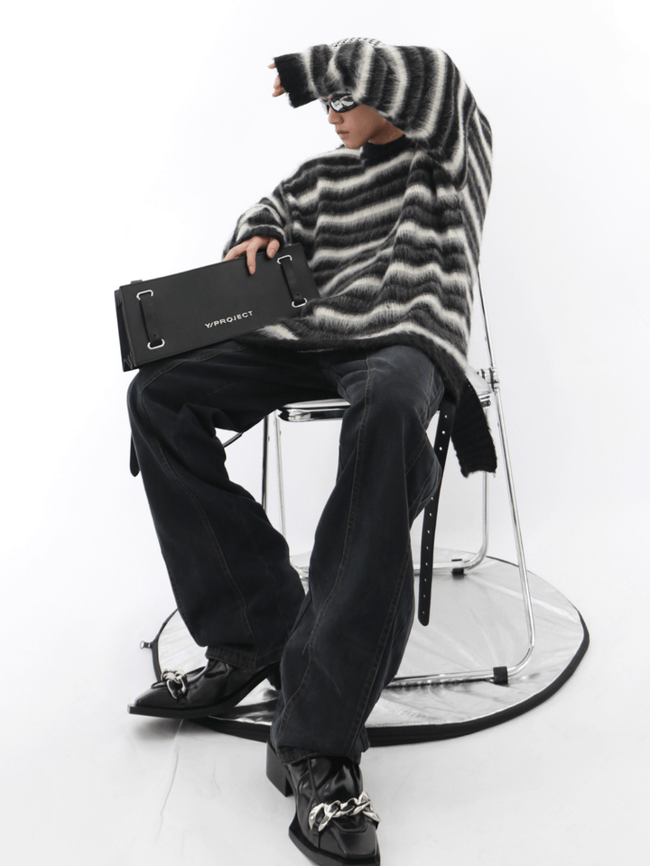 [CulturE] Black and White Striped Mohair Loose Knit na838