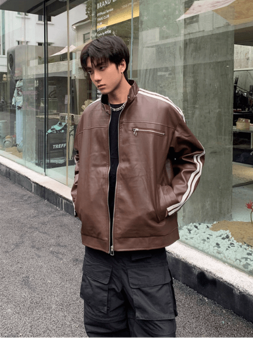 [K09] PU leather striped jacket na918 