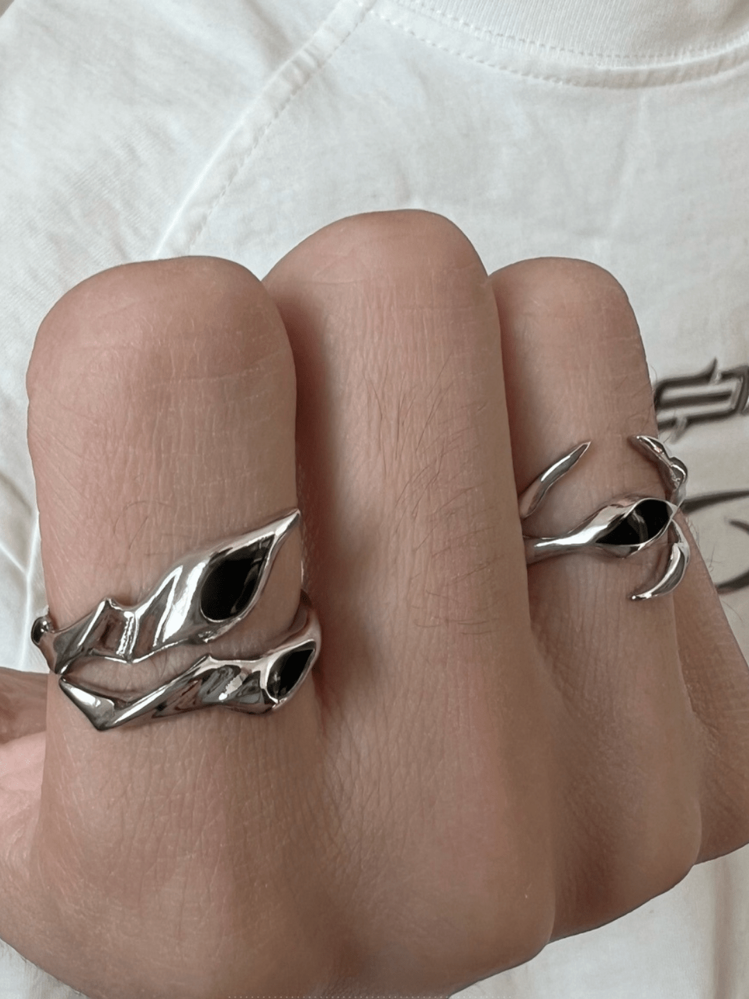 [CHEALIMPID] Irregular Alien Black Gemstone Metal Ring set na927