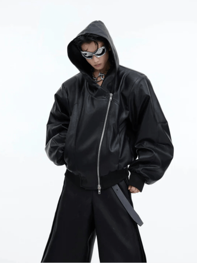 [CulturE] deconstructed zipper hooded PU leather jacket na672