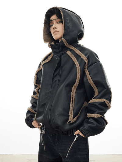 [CROWORLD] Black silhouette hooded short leather jacket na697