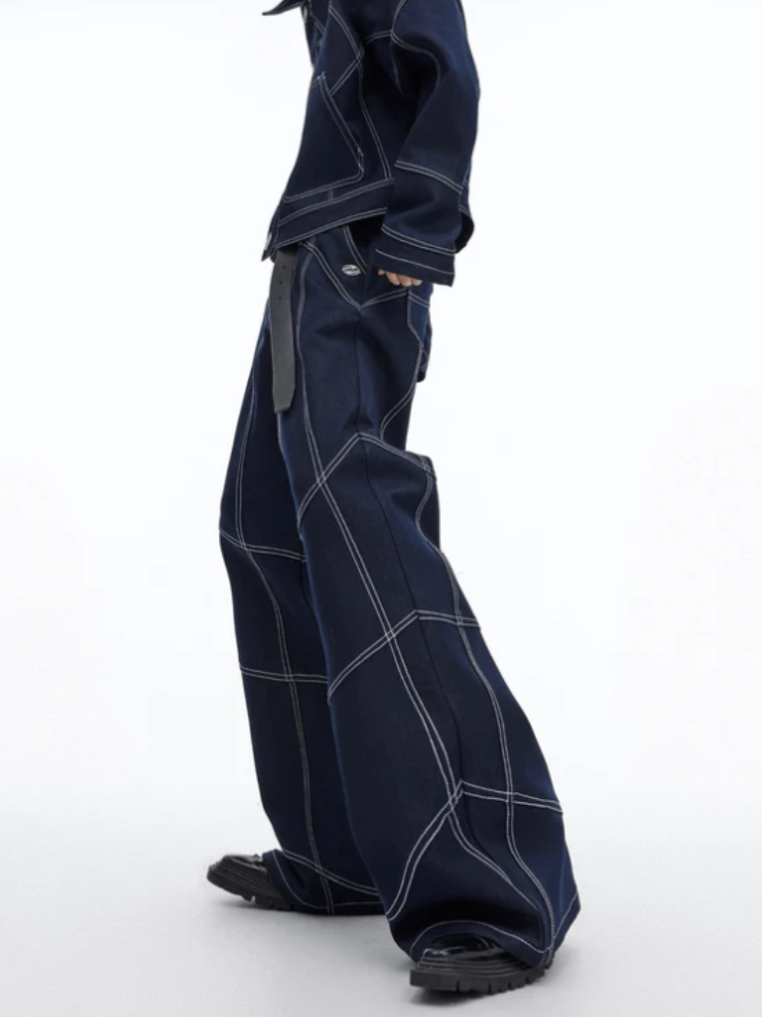 [CulturE] Oversize Stitch Denim Jacket &amp; Wide-leg Stitch Denim Jeans Setup NA676