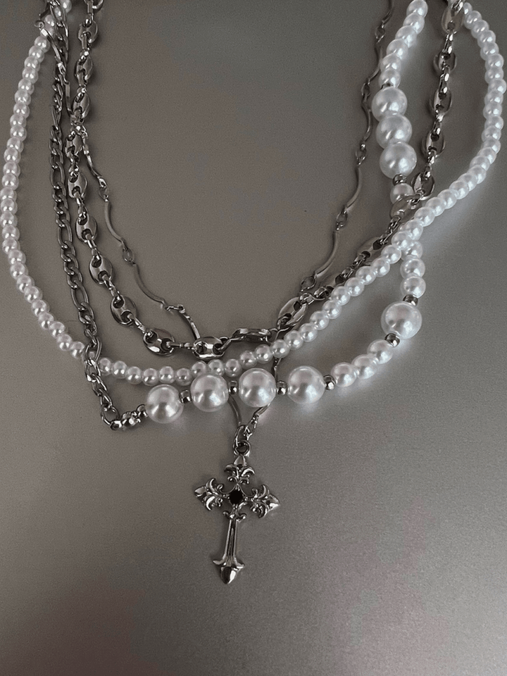 [CHEALIMPID] California Cross Multi-Layer Pearl Necklace na936