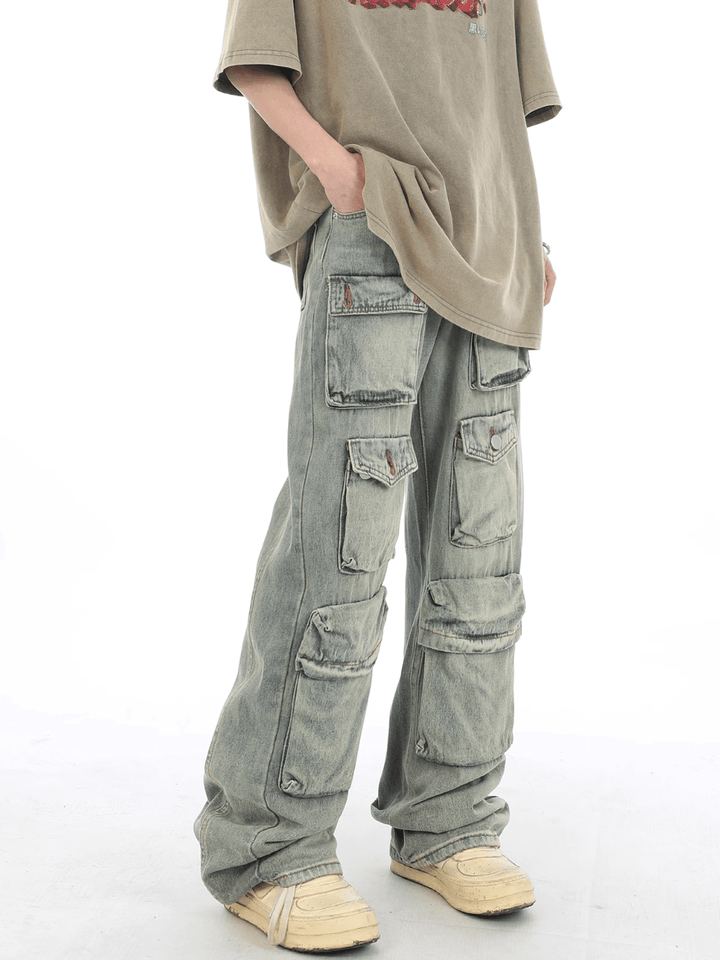 washed distressed multi-pocket jeans na654