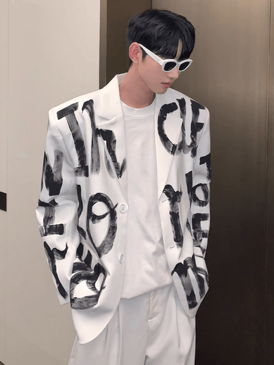 [CUIBUJU] letters graffiti design shoulder padded suit jacket na719