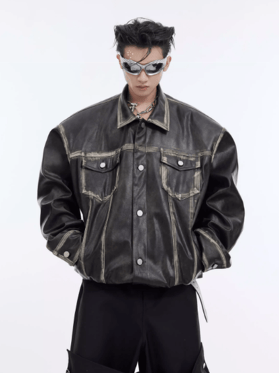 [CultureE] vintage short silhouette loose leather jacket na841