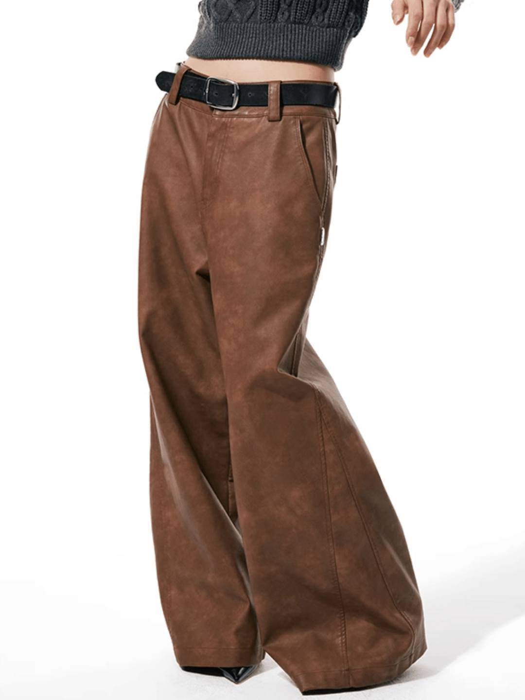 design retro brown washed leather pants na767
