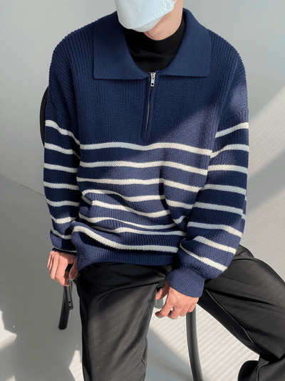 [DAZIONSED] High Zip Polo Stripe Sweater NA538