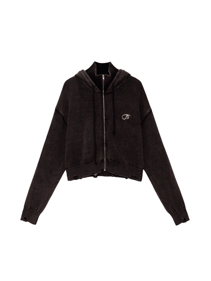 [PeopleStyle] Knit jacquard frayed short hooded na791